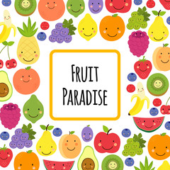 Cute Fruit Paradise frame background with various fruit characters