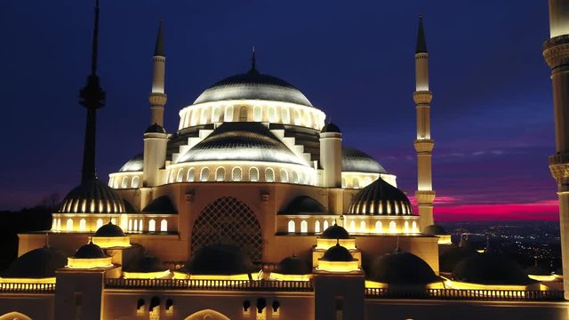 Aerial view of Big Camlica Mosque (Buyuk Camlica Camii)  at Night