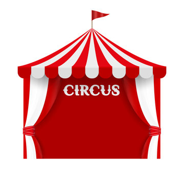 Circus Tent Poster Background Template. Red and White Stripes, Striped Dome, Canopy. Vector Illustration Isolated on White Background.