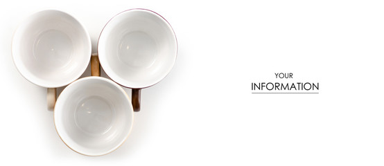 Set of coffee cups with saucers pattern on a white background. Isolation, top view