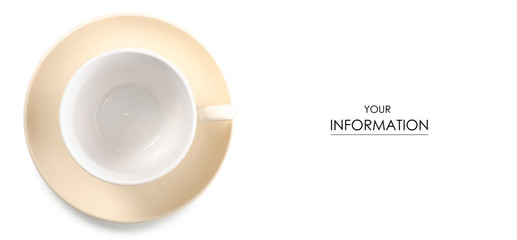 Set of coffee cups with saucers pattern on a white background. Isolation, top view