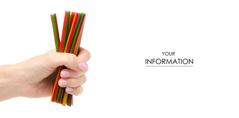 Jelly candy sticks in hand pattern on a white background. Isolation