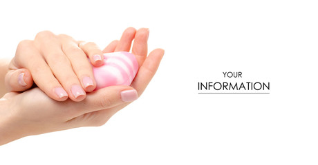 Pink white soap in hand pattern on white background isolation