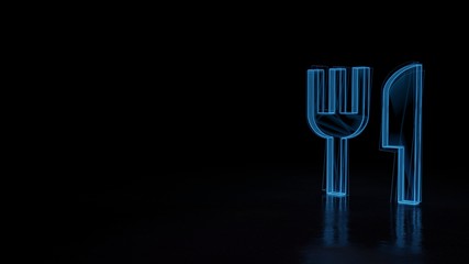 3d glowing wireframe symbol of symbol of cutlery isolated on black background