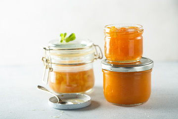 Homemade apricot jam in jars