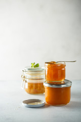 Homemade apricot jam in jars
