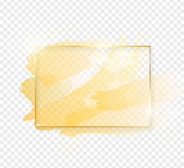Gold shiny glowing rectangle frame with golden brush strokes isolated on transparent background. Golden luxury line border for invitation, card, sale, fashion, wedding, photo etc. Vector illustration
