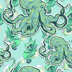 Watercolor and pencil drawn seamless illustration of an octopus on paper texture