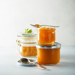 Homemade apricot jam in jars