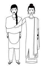 indian family avatar cartoon character in black and white