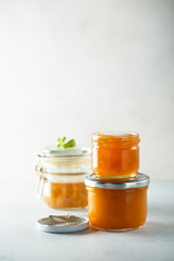 Homemade apricot jam in jars