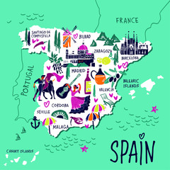  Color vector stylized map of Spain. Travel illustration with spanish landmarks, people, food and plants for tourist guide and poster drawn by hand. Vector illustration