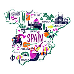 Vector illustration of the cartoon Spain map with the architecture symbols and lettering hand drawn on white background for tourist guide and posters.