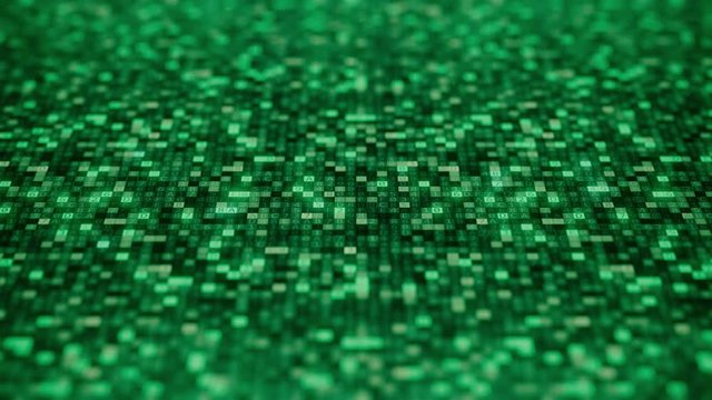 CODE word being made with flashing hexadecimal symbols on a green screen. Loopable 3D animation
