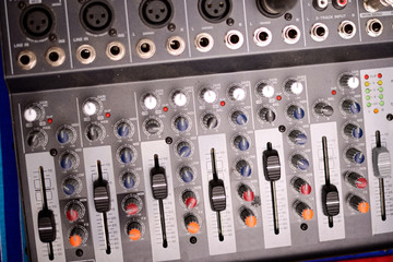 Close-up of modern digital sound mixer in a sound recording studio