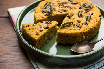 Handvo/handwa is a vegetable cake originating from the Gujarat, India. selective focus