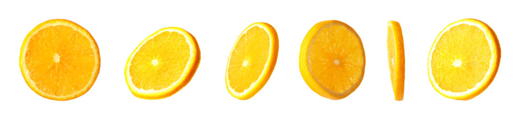 Set of cut fresh juicy orange on white background. Banner design