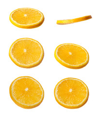 Set of cut fresh juicy orange on white background