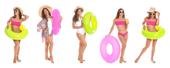 Set of beautiful woman with inflatable rings on white background