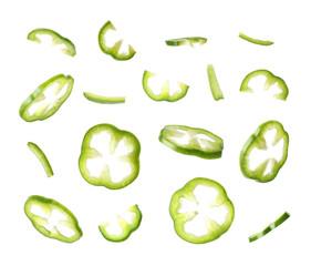 Set of flying cut fresh bell pepper on white background