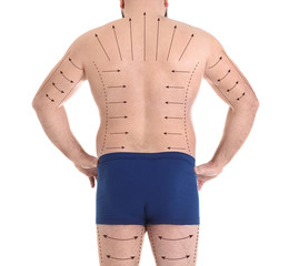 Overweight man isolated on white, closeup. Weight loss