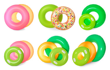 Set of bright inflatable rings on white background