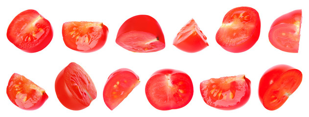 Set of cut red cherry tomatoes on white background. Banner design