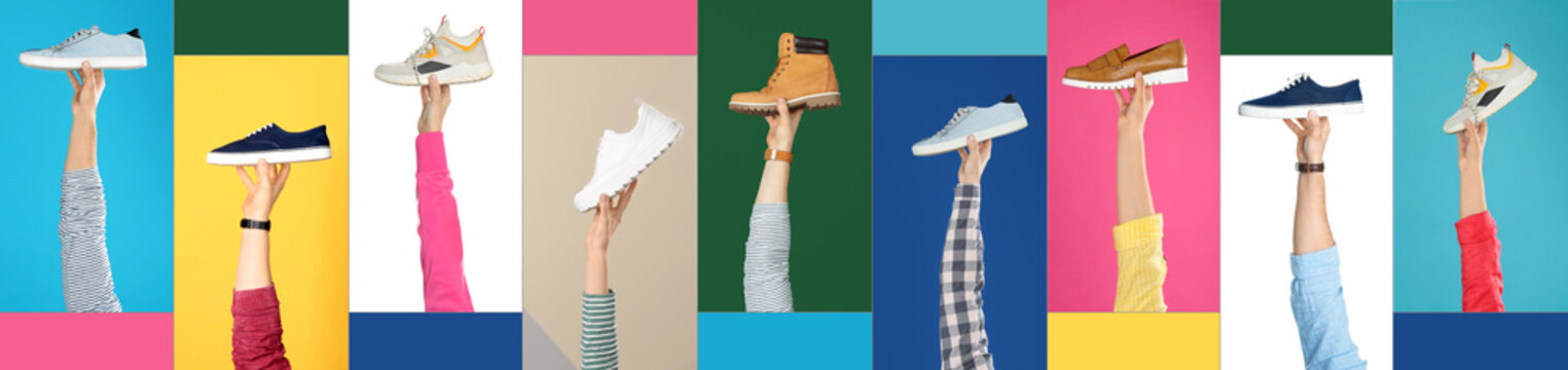Set of people holding different stylish shoes on color background, closeup
