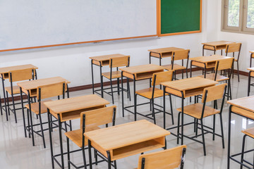 school empty classroom or lecture room interior with desks chair