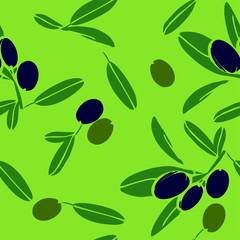 Naklejka premium Seamless pattern with green and purple olive branches on a light green background for a decorative design or for a banner on the site. Vector illustration