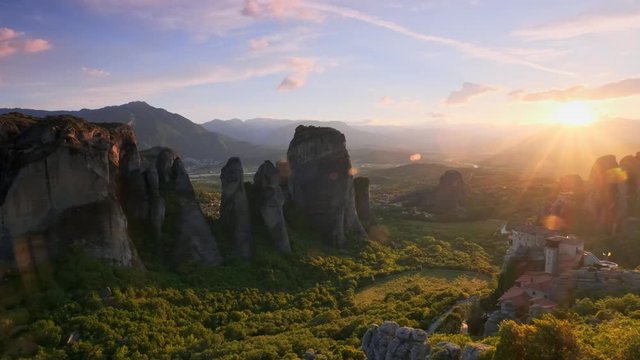 Meteora monasteries in Greece on sunset