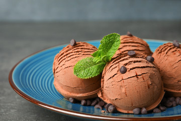 Plate of chocolate ice cream with mint on grey table, closeup