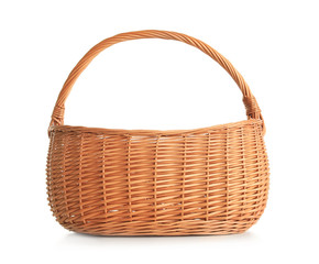 Empty wicker picnic basket isolated on white