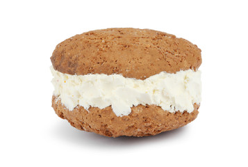 Sweet delicious ice cream cookie sandwich on white background