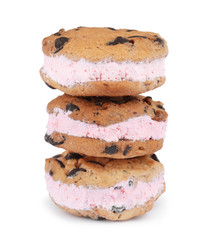 Sweet delicious ice cream cookie sandwiches on white background