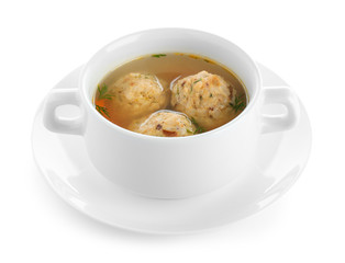 Bowl of Jewish matzoh balls soup isolated on white