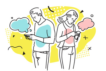 Young man and woman using their smartphone. Colorful vector illustration.