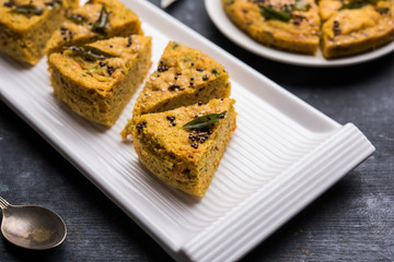 Handvo/handwa is a vegetable cake originating from the Gujarat, India. selective focus