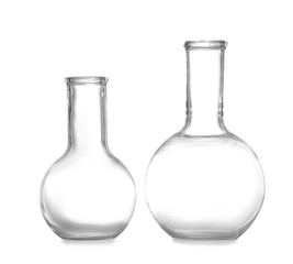 Empty Florence flasks on white background. Chemistry glassware
