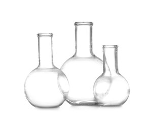 Empty Florence flasks on white background. Chemistry glassware
