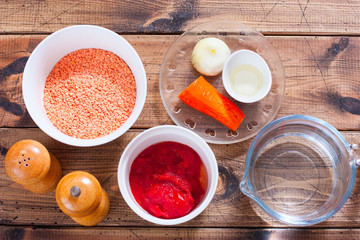 Step by Step Cooking of Red Lentil Soup - Step 1 - Preparing the Ingredients, Top View, Horizontal