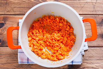 Step by Step Cooking Red Lentil Soup - Step 3 - Adding Washed Raw Lentils, top view, horizontal