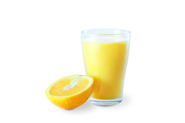 Two glasses with fresh orange juice with fruits, isolated on white background.
