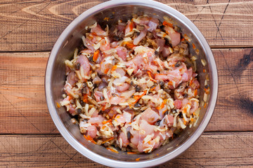 Step-by-step cooking chicken drumsticks stuffed with champignons - step 3 - preparing the filling, top view, horizontal