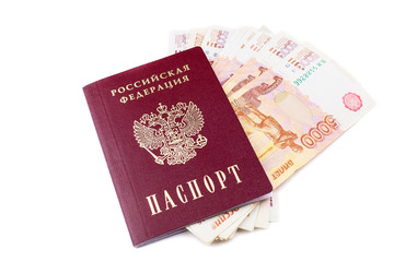 Russian passport and rubles banknotes