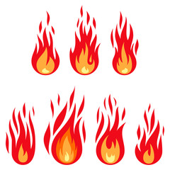 Fire flame set isolated on the white background. Different shapes flat style. Vector illustration.