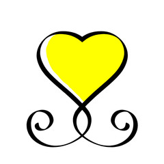 Black and Yellow Heart Love Hand drawn sign. Romantic vintage calligraphy vector illustration. Concepn icon symbol for t shirt, greeting card, poster wedding. Design flat element Valentine day.