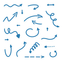 Abstract blue Arrows set. Doodle handmade marker style. Isolated Sketch collection illustration for note, business plan, graphic presentation, prints, textiles, wrapping, wallpaper, website. Vector.