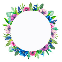 Round floral frame. Watercolor illustration on white background. Beautiful floral background for summer and spring design of cards, invitations, cards.