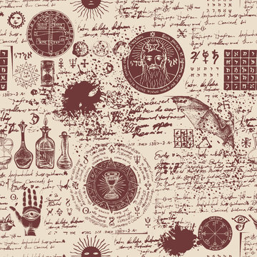 Vector seamless background on the theme of alchemy, magic, witchcraft and mysticism with various esoteric and occult symbols. Medieval manuscript with sketches, blots and spots in retro style © paseven
